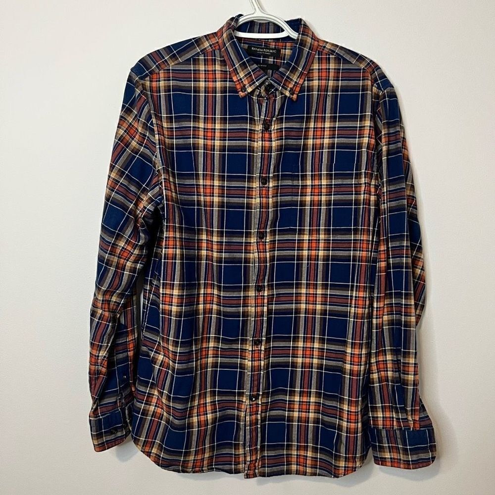 Banana Republic Men’s Slim Fit Luxe Flannel Blue & Orange Plaid Size Large Shirt